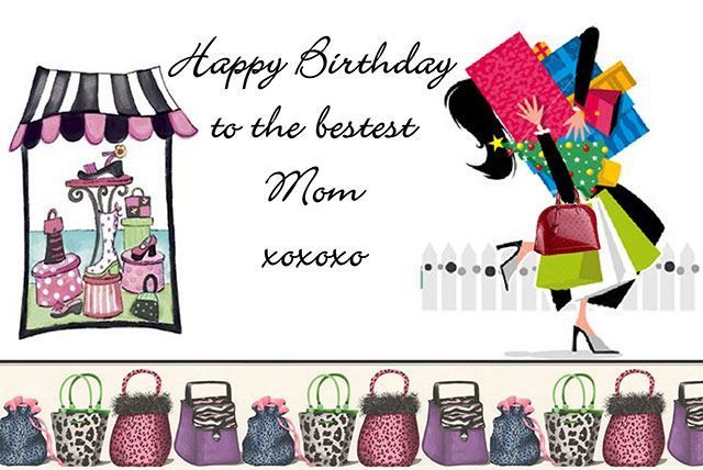 Happy birthday to the bestest mom, with colorful gift bags, handbags, and a boutique shop graphic