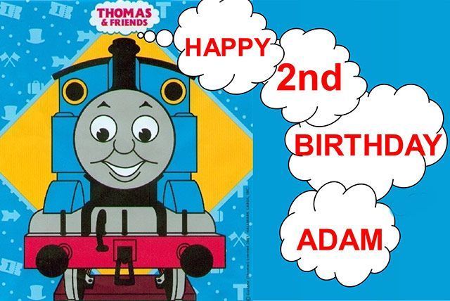 Thomas the Tank Engine birthday card with “Happy 2nd Birthday Adam” on blue background