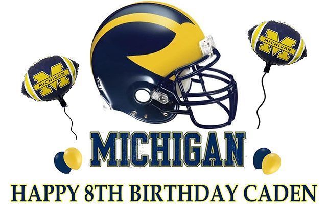 Michigan Wolverines birthday graphic with football helmet, balloons, and “Happy 8th Birthday Caden” text