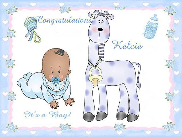 Congratulations card with a baby crawling beside a white giraffe and the name Kelcie on a pastel border