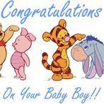Congratulations baby boy card with Winnie the Pooh characters in pink, tiger orange, and blue elephant dancing