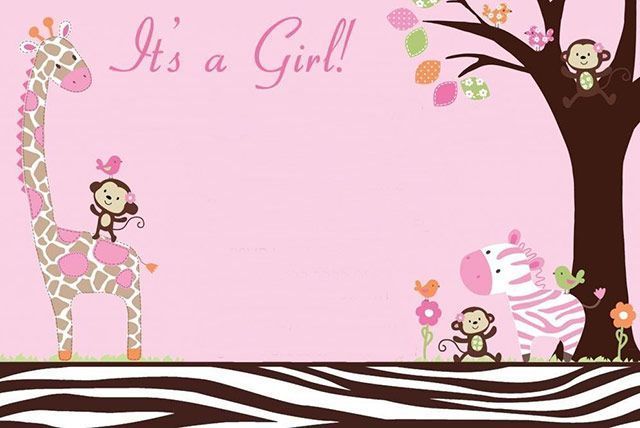 Pink “It’s a Girl!” baby shower card with monkeys, flowers, and a zebra print border
