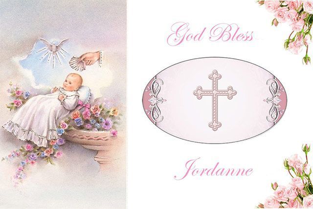 Pink baptism card with baby angel, cross, flowers, and the words “God Bless Jordanne.”
