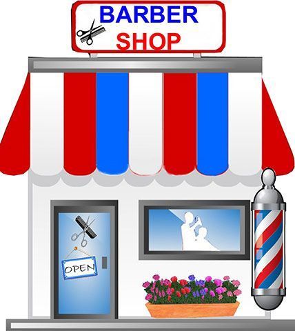 Barber shop storefront with red, white, and blue awning, pole, open door, and flower box