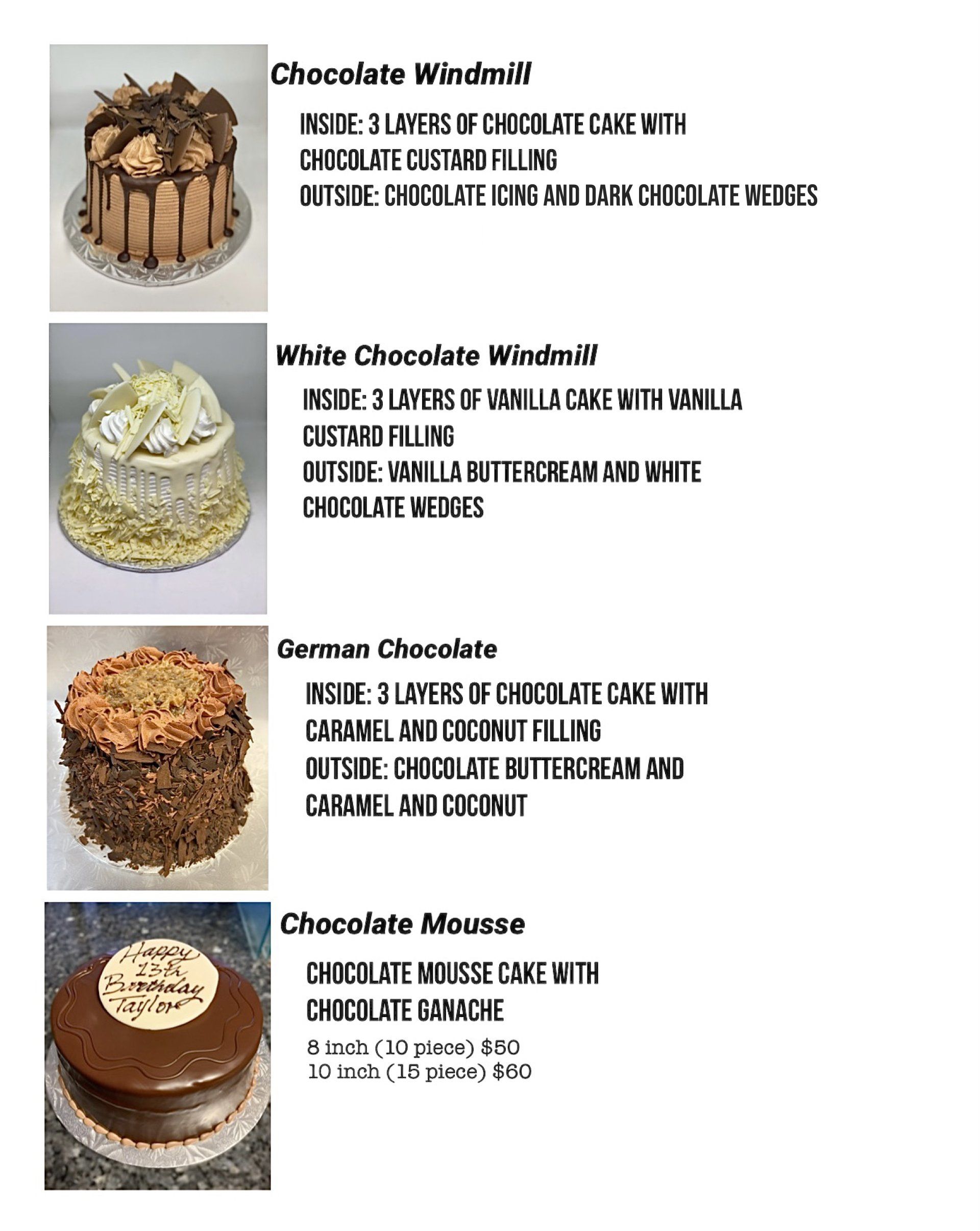 Chocolate cake menu with four slice photos and item names: Chocolate Windmill, White Chocolate Windmill, German Chocolate, Chocolate Amore