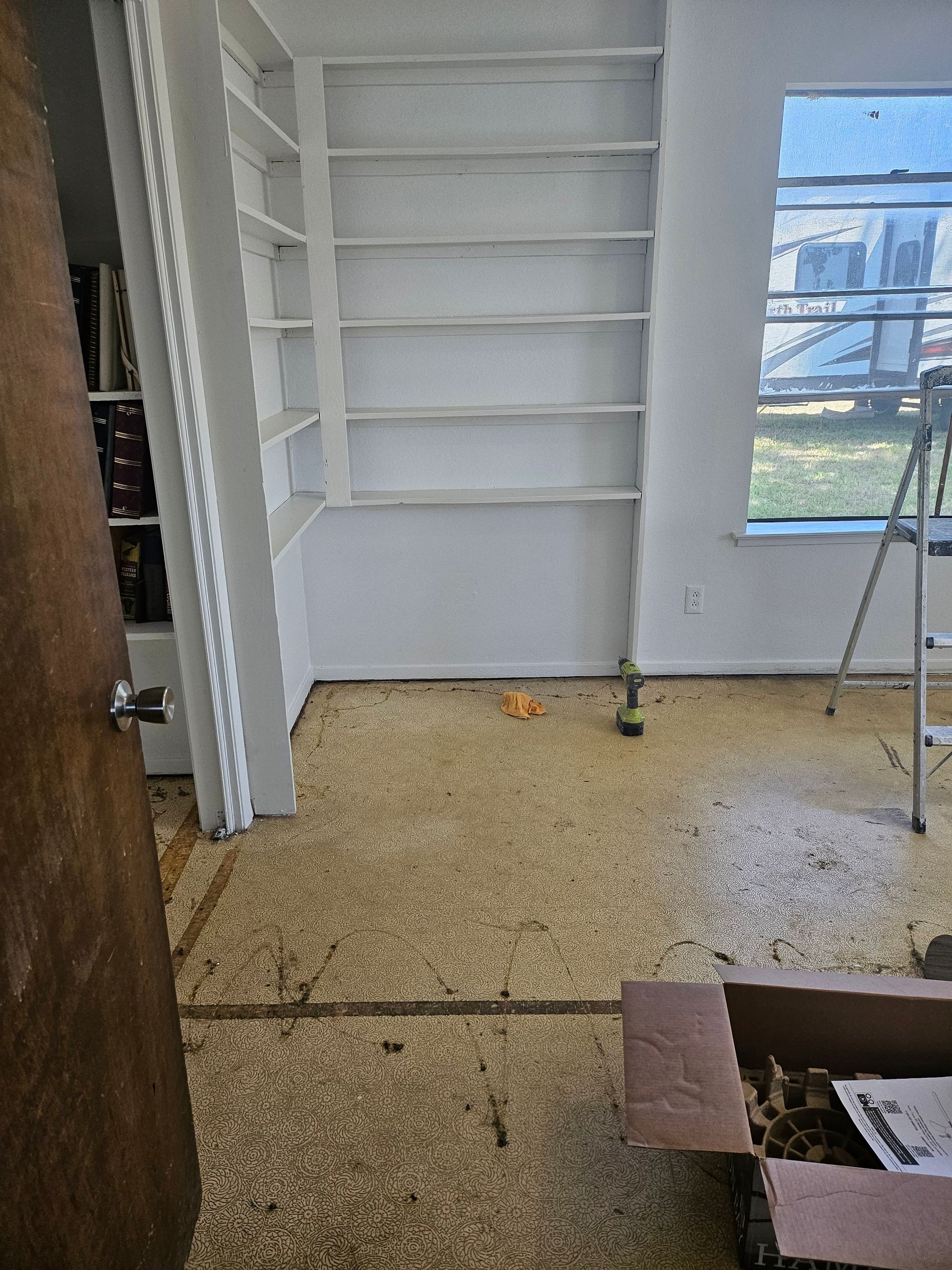 Empty white built-in bookshelves in a room with a window, brown door, and speckled flooring; sunlight.