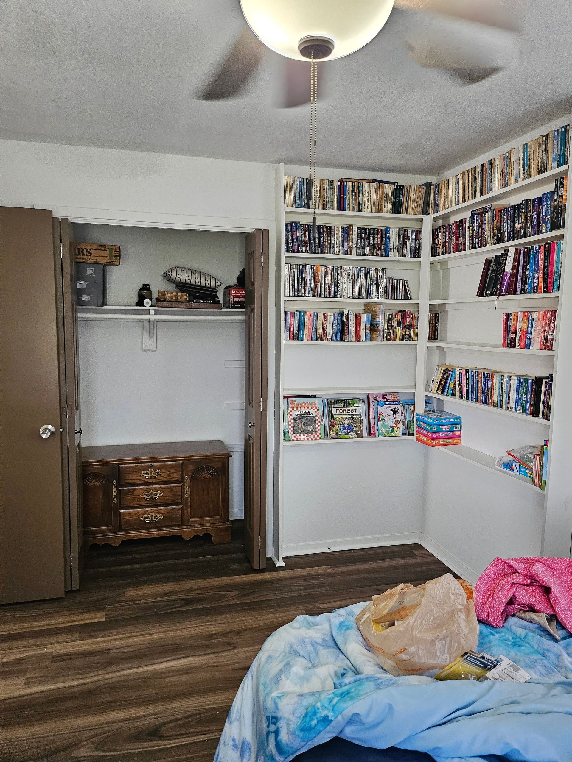 Bedroom corner with built-in shelves overflowing with DVDs. Closet on the left with a chest. Ceiling fan.