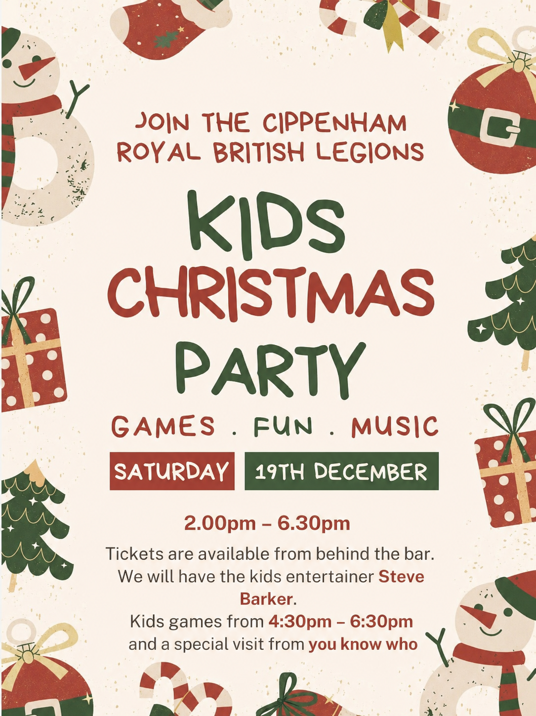 Kids party with Steve Barker - 19th December 2026 from 2.00pm until 6.30pm Kids Party at the Club, 19th December