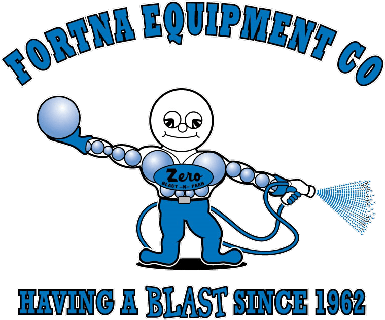 Fortina Equipment Co. logo: Blue muscular character spraying water, with 