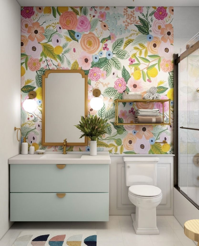 Bright Bathroom With a Floral Wallpaper