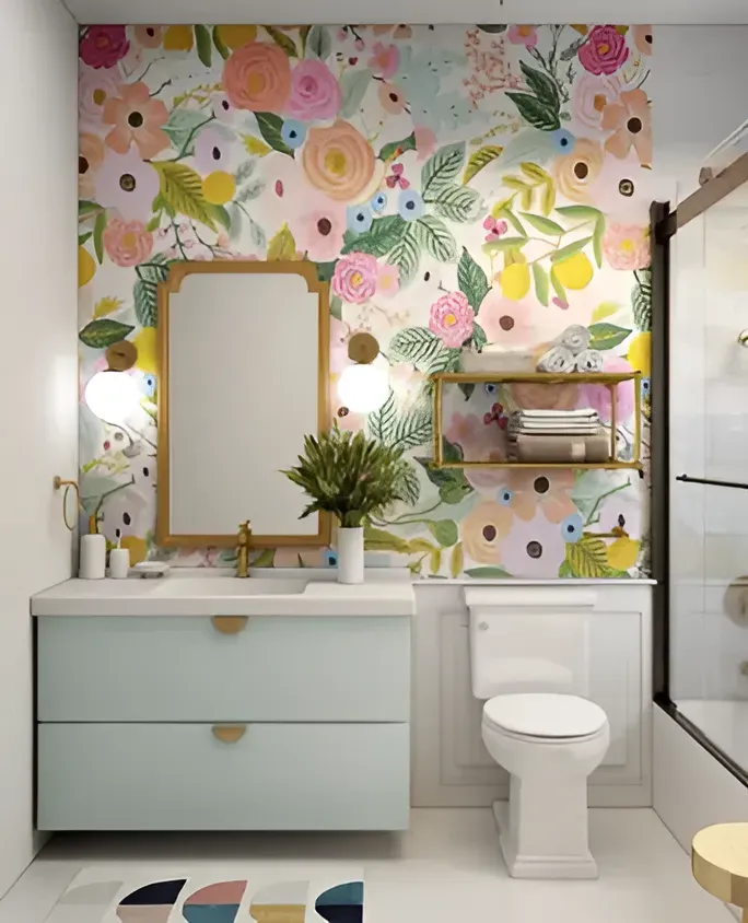 Bathroom renovation with statement wallpaper, sleek vanity unit and high quality brass fittings