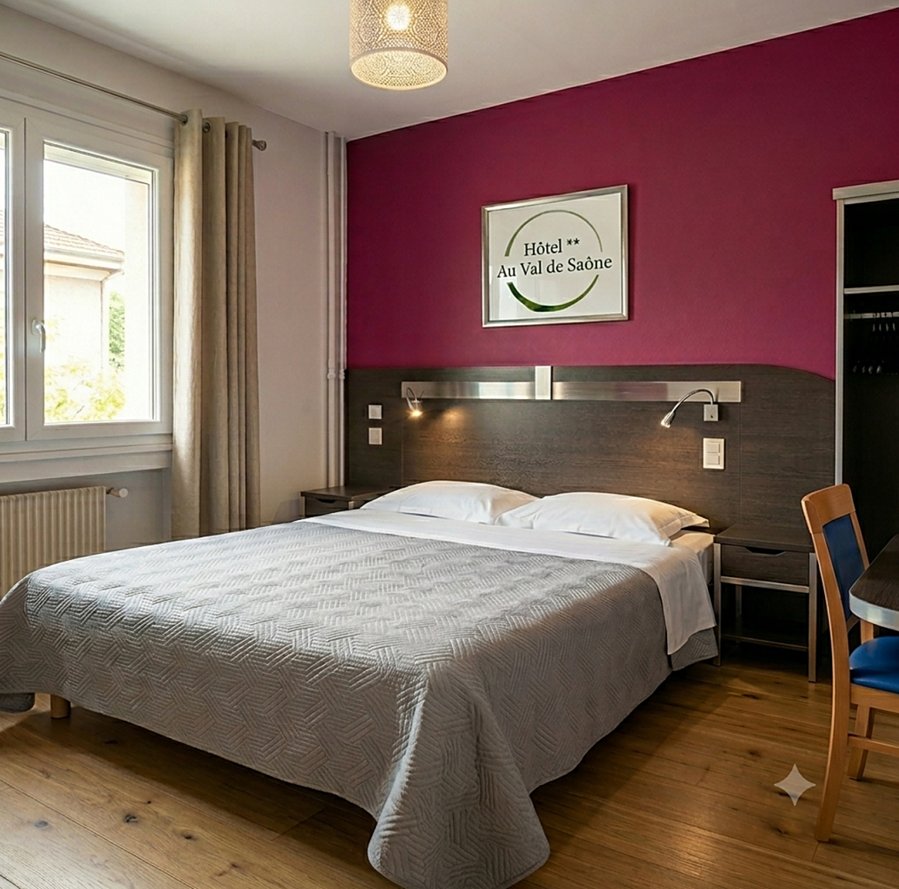 Chambre lumineuse avec un lit double, un mur d'accent magenta, une fenêtre et un parquet.