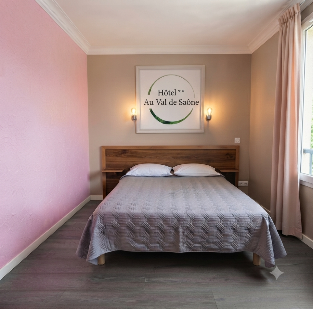 Chambre d'hôtel simple avec un lit double, des murs roses, un sol gris et une fenêtre avec des rideaux.