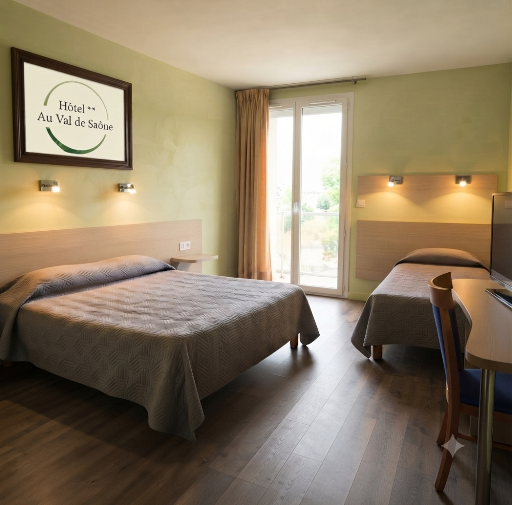 Chambre d'hôtel avec deux lits, décoration murale et grande fenêtre avec rideaux.
