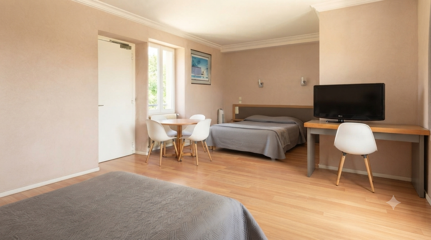 Chambre spacieuse beige avec deux lits, une petite table et une télévision sur meuble TV