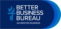 Better Business Bureau Accredited Business blue logo with torch icon