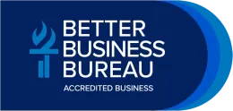 Better Business Bureau Accredited Business blue logo with torch icon