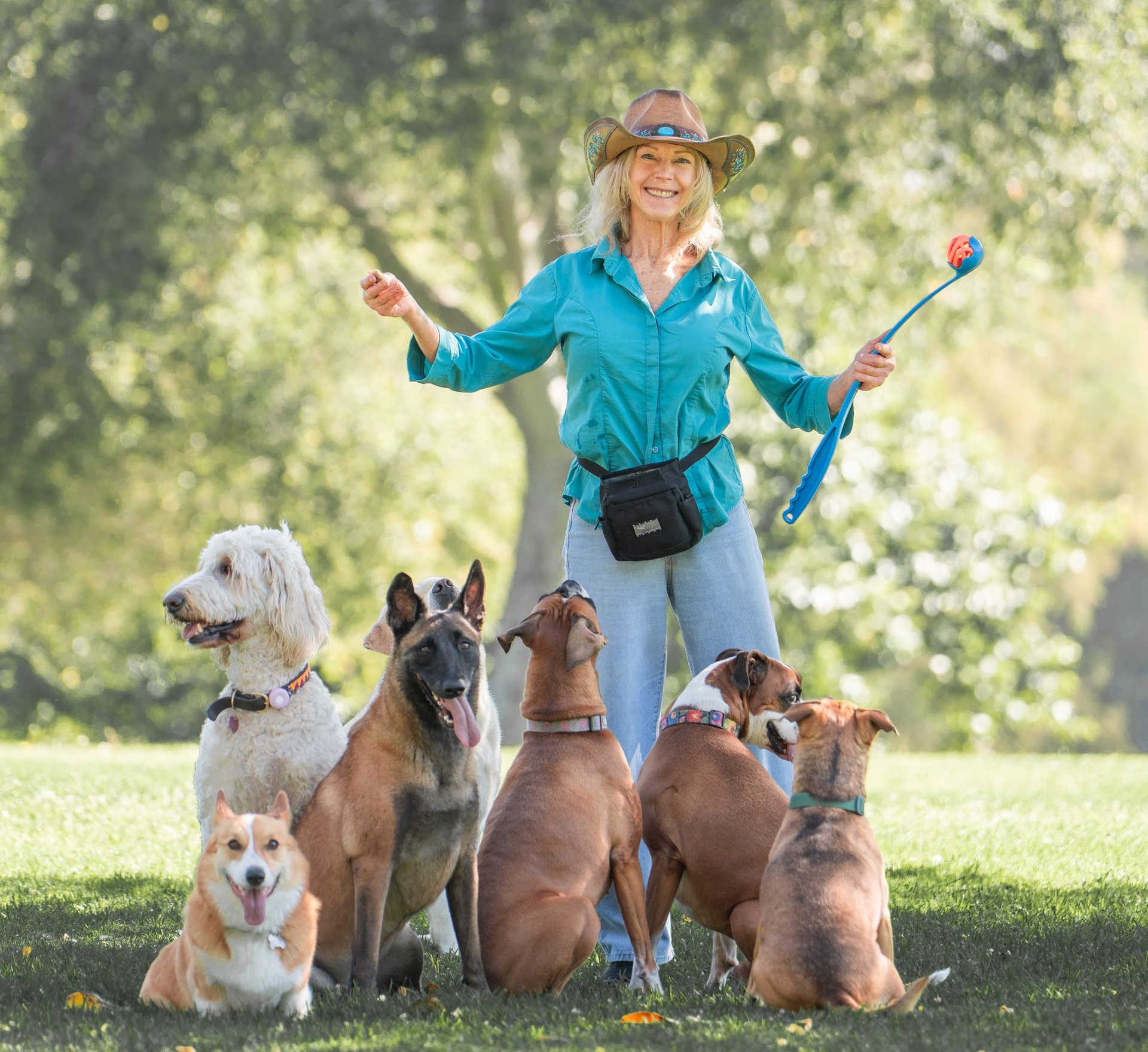 Woman in a turquoise shirt stands with six dogs sitting in a park, holding a leash wand.