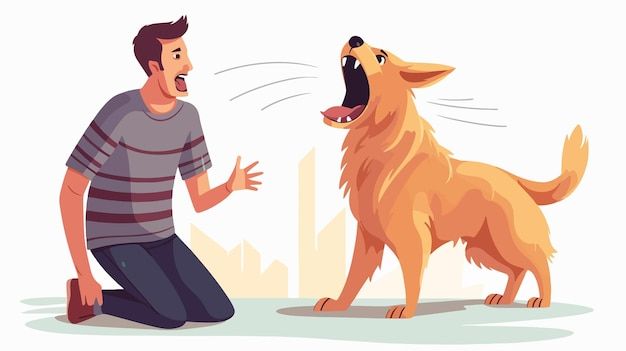 Man kneels facing a barking golden dog outdoors, both with expressive open mouths and alert posture.