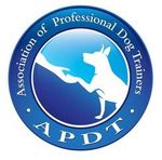 Blue circular logo for the Association of Professional Dog Trainers with white dog silhouette and APDT text