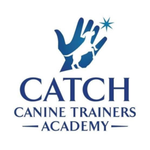 Blue logo with dog and hand icon above text “Catch Canine Trainers Academy”