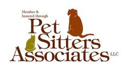 Pet Sitters Associates LLC logo with brown text and dog and paw print graphic