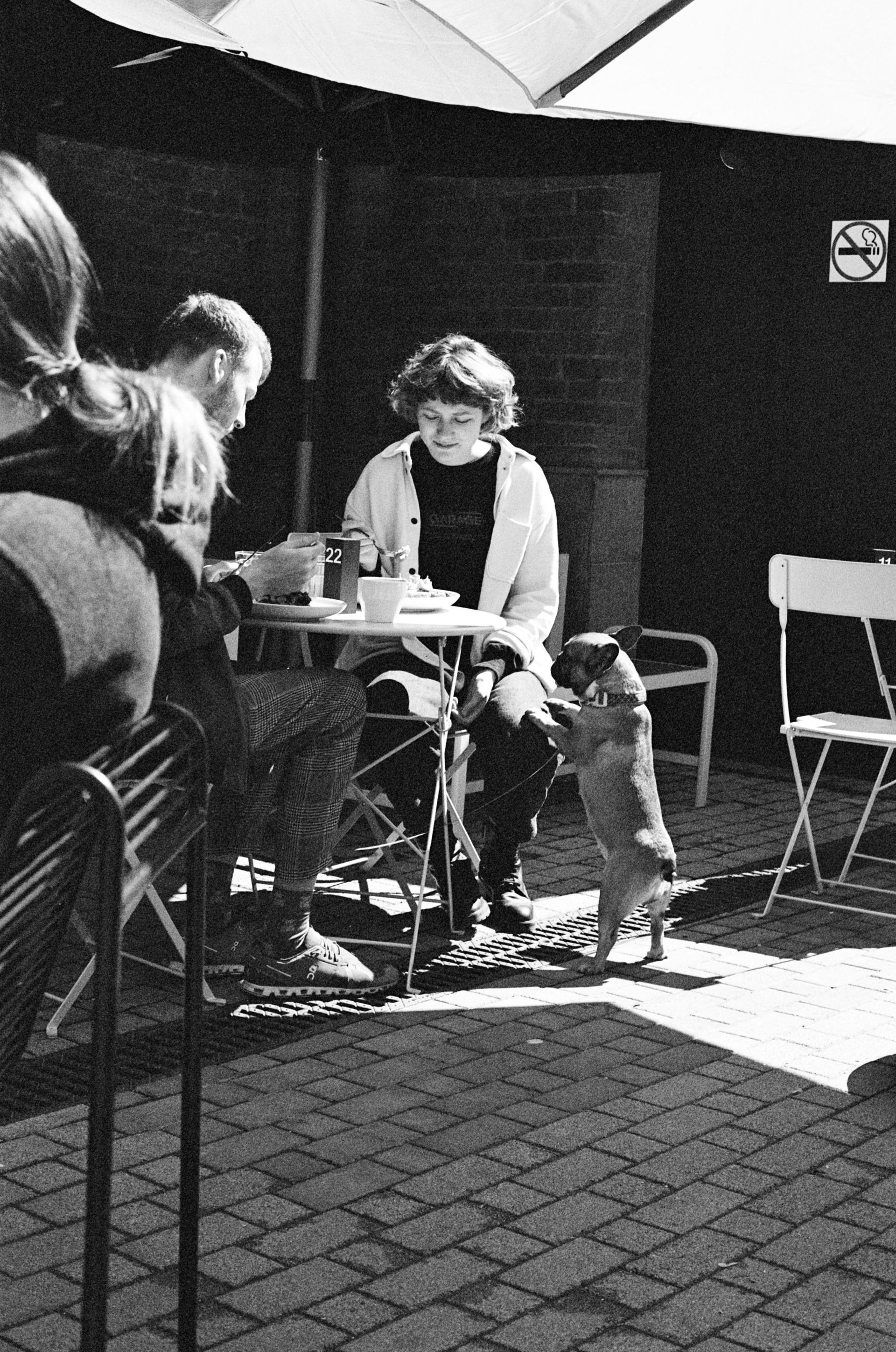 People seated at a small table in a dim indoor cafe, with a dog standing beside them.