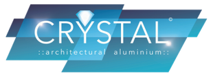 A blue and white logo for crystal architectural aluminium