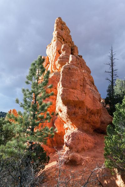 Tall orange-red sandstone spire among green pine trees under a cloudy sky