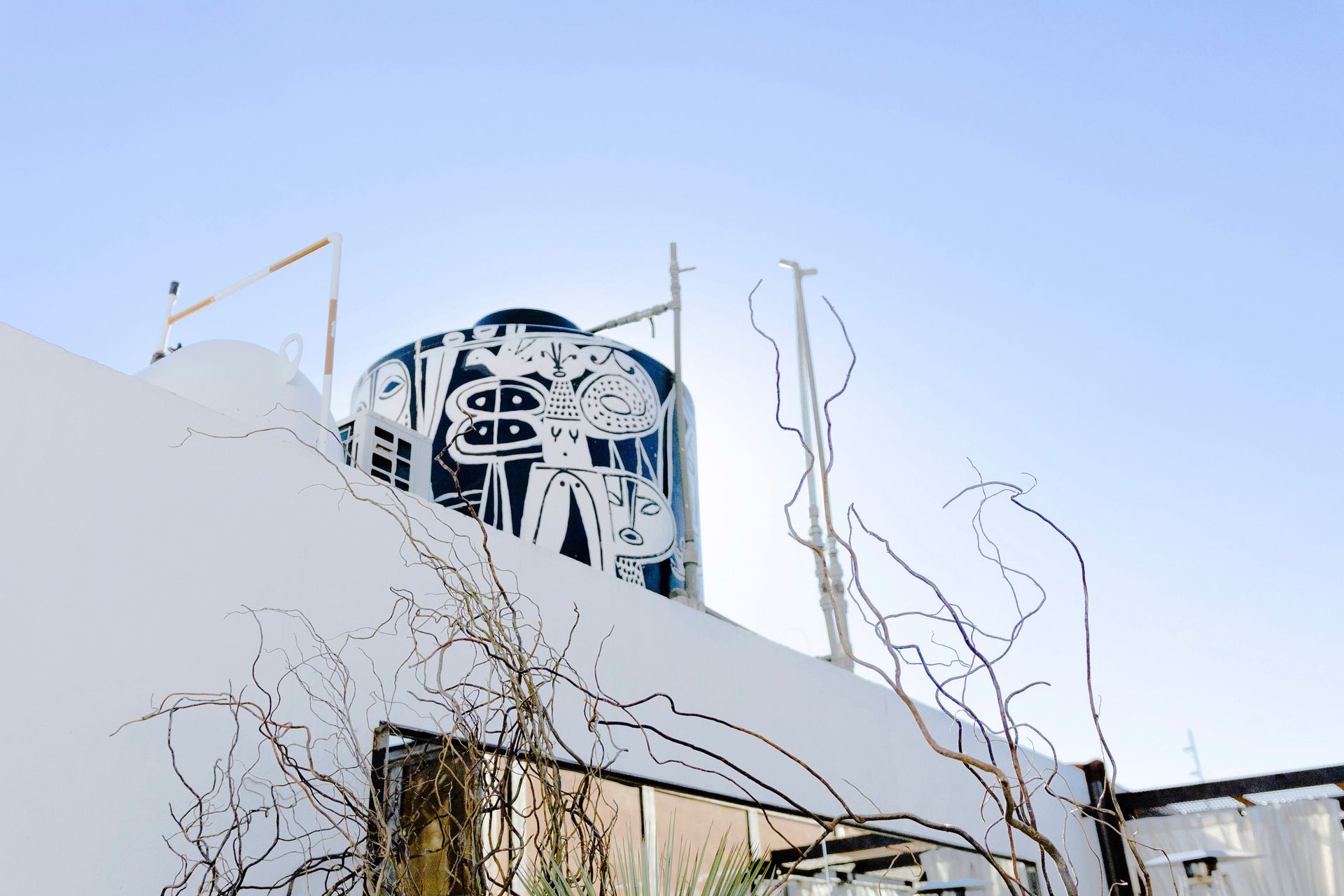Modern building with abstract black-and-white facade behind a white wall and bare tree branches under a blue sky