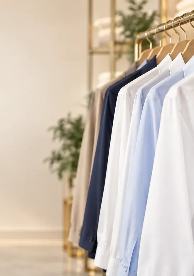Dry cleaned shirts displayed on a garment rack at Lee Cleaners in Douglasville, GA