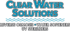 Clear Water Solutions logo with blue text; reverse osmosis, water softeners, and UV sterilizers listed below