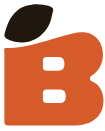 Orange letter B with two white rectangles, topped with a black leaf.