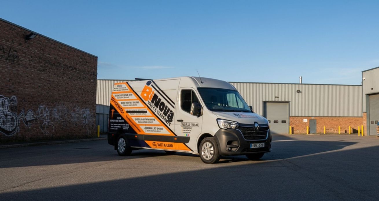 White van with orange accents, parked in a lot, with the business name 