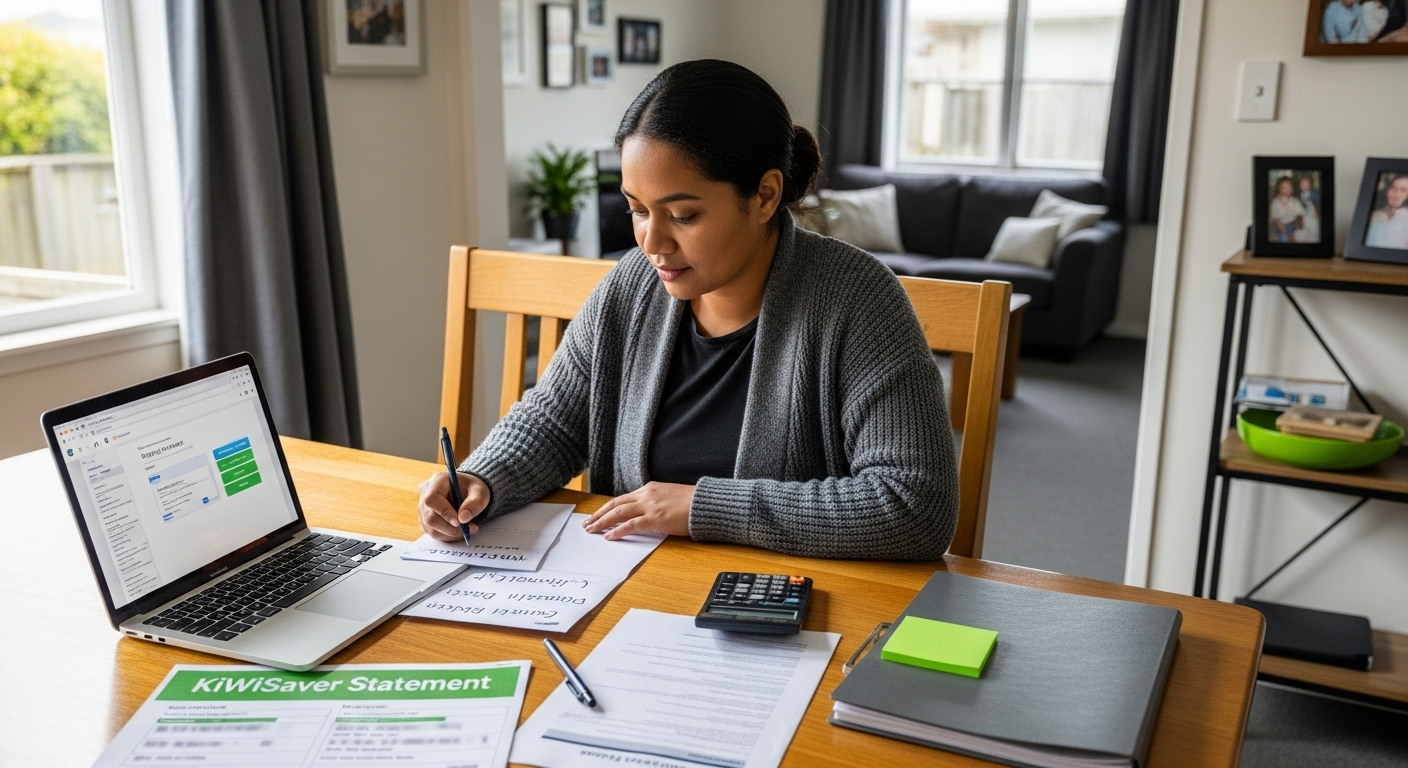 Person working at a dining table with a laptop, papers, and notebook in a bright home office