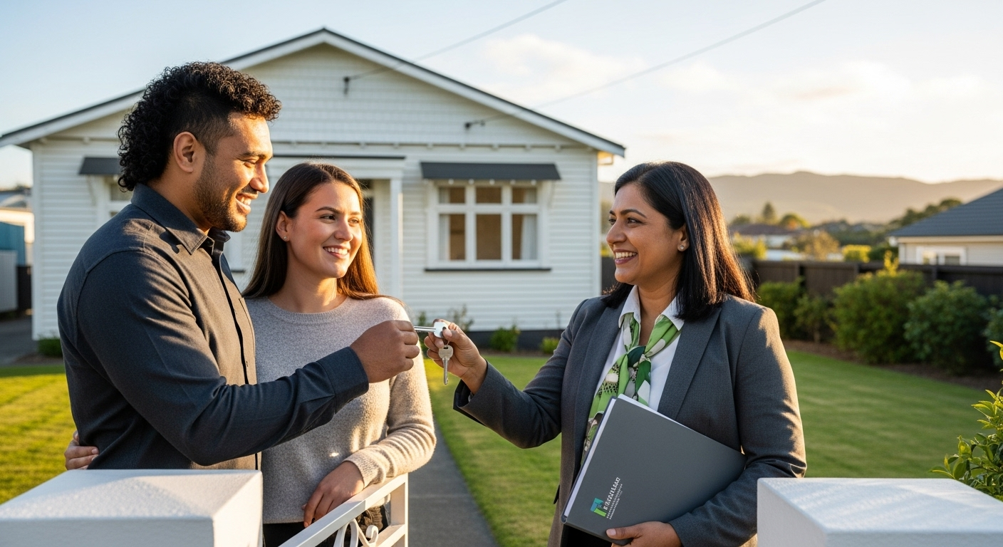 Two people greet a real estate agent outside a house with a for-sale sign.