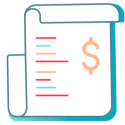 A flat-style icon of a scrolled document with a peach-colored dollar sign and multicolored horizontal lines.