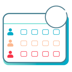 An icon of a scheduler or grid with three user avatars, each in a different color, aligned with rows of empty task boxes.