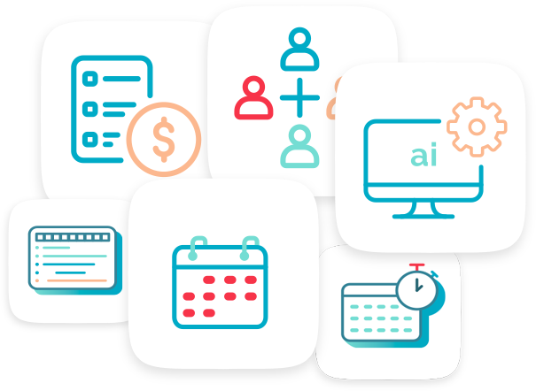 A collage of six icons with turquoise, red, and peach accents representing business, AI, planning, and scheduling.
