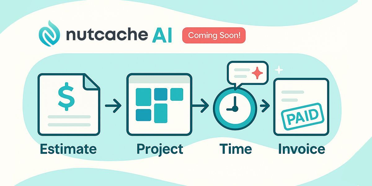 A Nutcache AI workflow graphic showing a process from Estimate to Project, Time tracking, and finally Invoice.