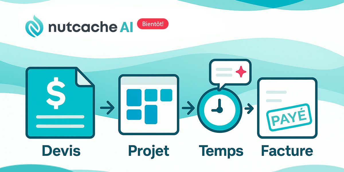 Nutcache AI process flow showing icons for quote, project, time tracking, and paid invoice on a blue background.