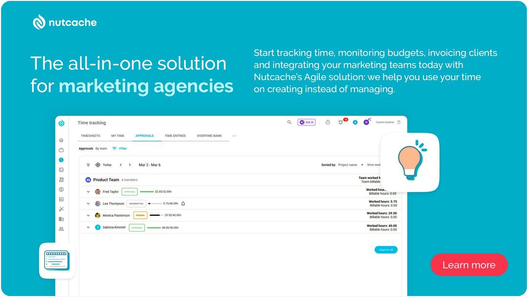 Marketing agency software dashboard featuring a turquoise background, lightbulb icon, and "Try it now" call-to-action button.