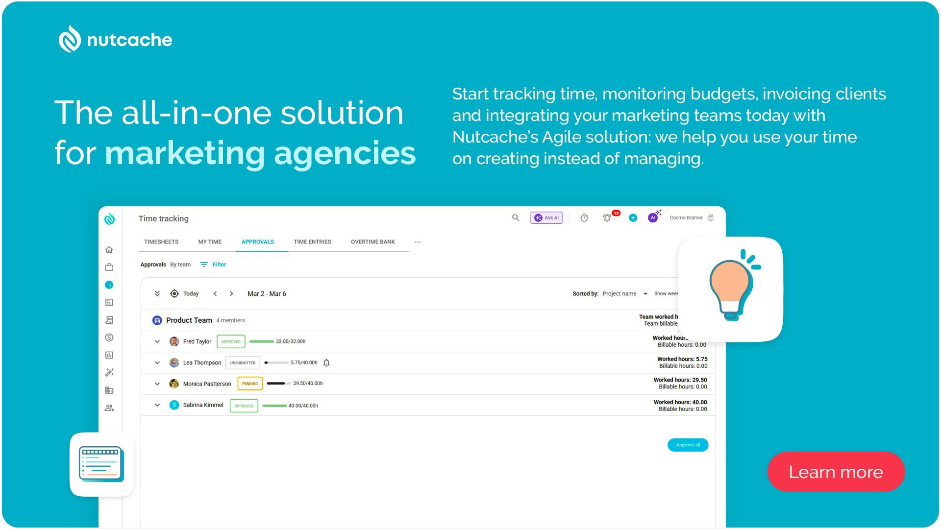 Marketing agency software dashboard featuring a turquoise background, lightbulb icon, and "Try it now" call-to-action button.