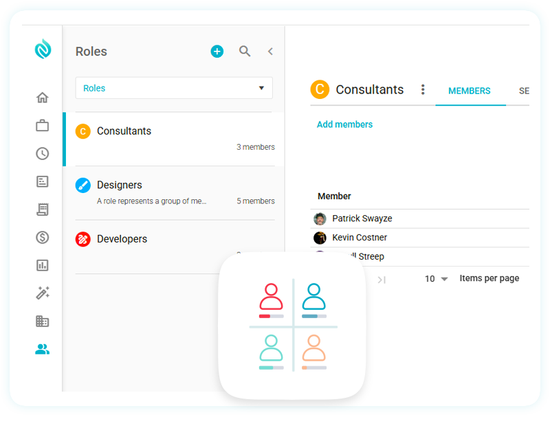 Software dashboard showing a roles and members management interface with a pop-up icon of four stylized user silhouettes.