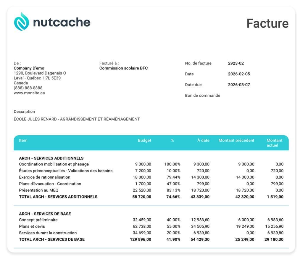 A Nutcache invoice detailing services, project hours, rates, and subtotals in a clean, white, tabular layout.