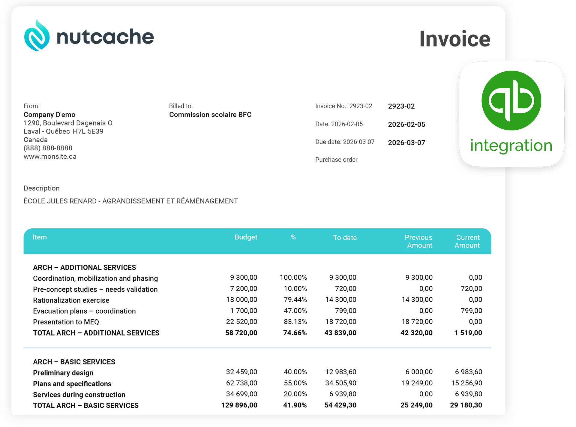 Nutcache invoice document with a QuickBooks integration logo in the corner.