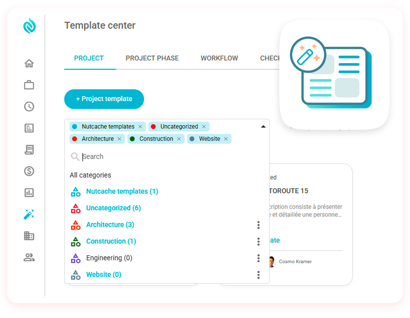 Template center interface for project management software, showing a dropdown menu of categorized project templates.