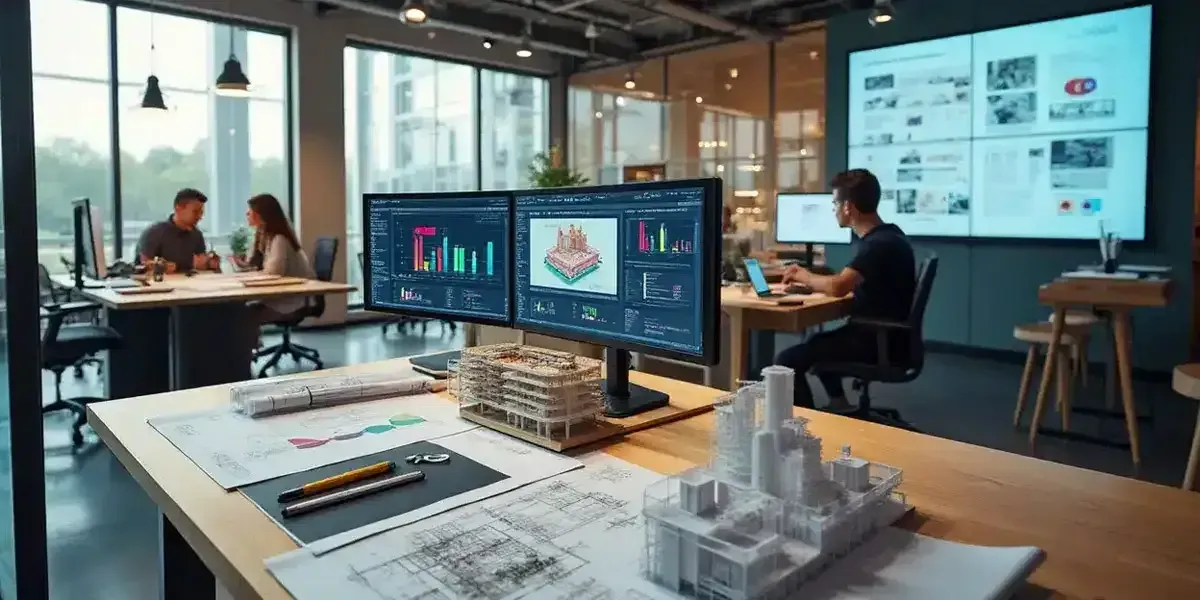 An architectural office with a team working at desks, featuring dual monitors, technical drawings, and 3D scale models.
