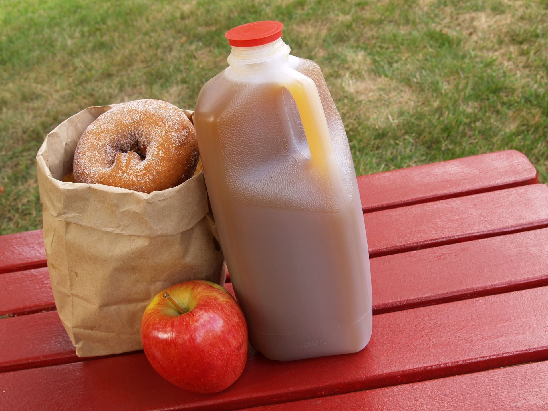 A gallon of apple juice next to an apple and a bag of donuts on a picnic table.