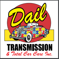 Dail Transmission logo with a colorful car and bold black and red text on white background